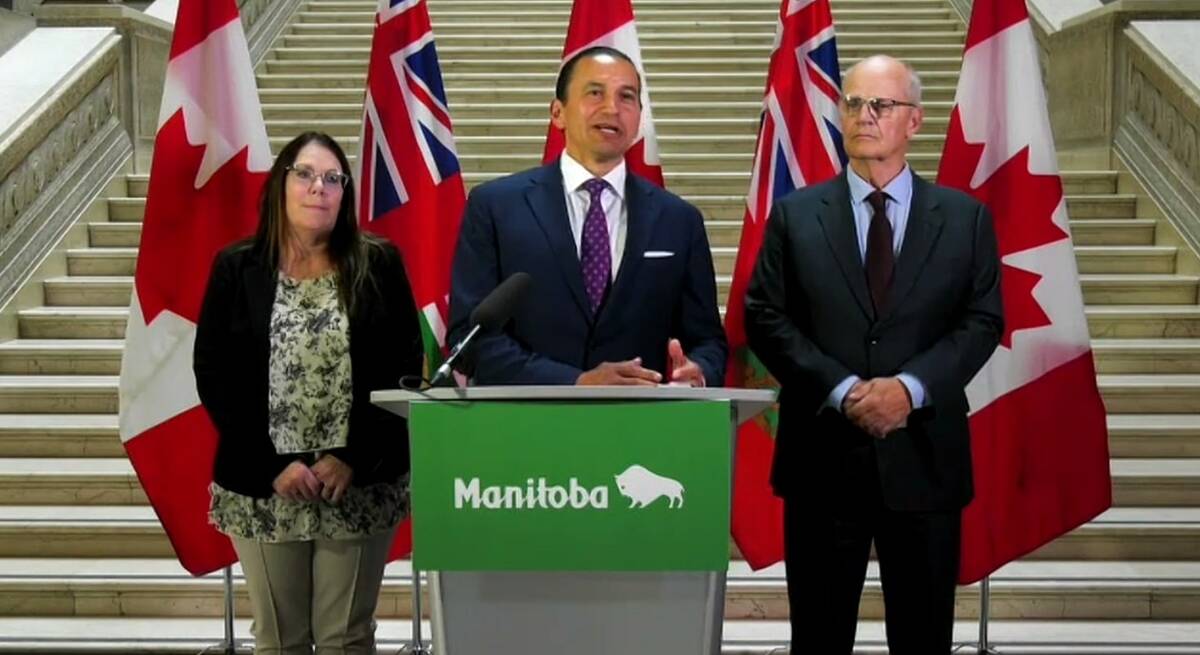 Left to right: Keystone Agricultural Producers president Jill Verwey, Manitoba Premier Wab Kinew and Manitoba Canola Growers chair Warren Ellis address announced Chinese tariffs against Canadian canola at a press conference Aug. 13, 2025 in Winnipeg. Photo: Screen capture/Government of Manitoba