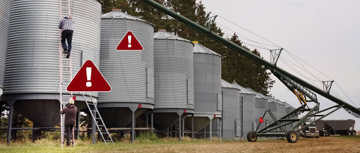 Farmers loading grain into a row of grain bins with safety warnings in risky areas.
Photo: AJ_Watt/istock/getty images