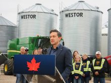 Pierre Poilievre speaks at Sixteen Grains farm near Saskatoon, Sask., Aug. 14, 2025. Photo: Janelle Rudolph