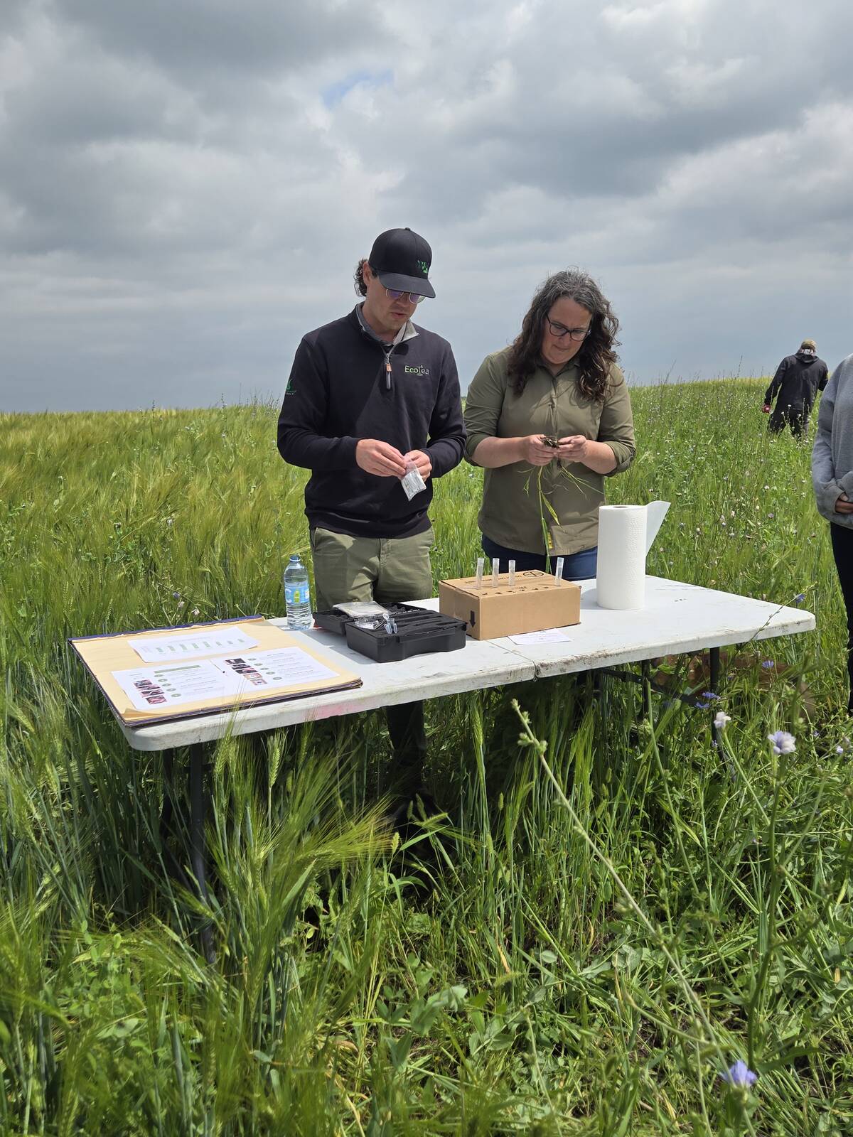 Neal Wagar with EcoTea and Mary-Jane Orr, general manager of Manitoba Beef and Forage Initiatives, test soil treated with EcoTea during a field day at the organization's Brookdale farm on Aug. 12, 2025.