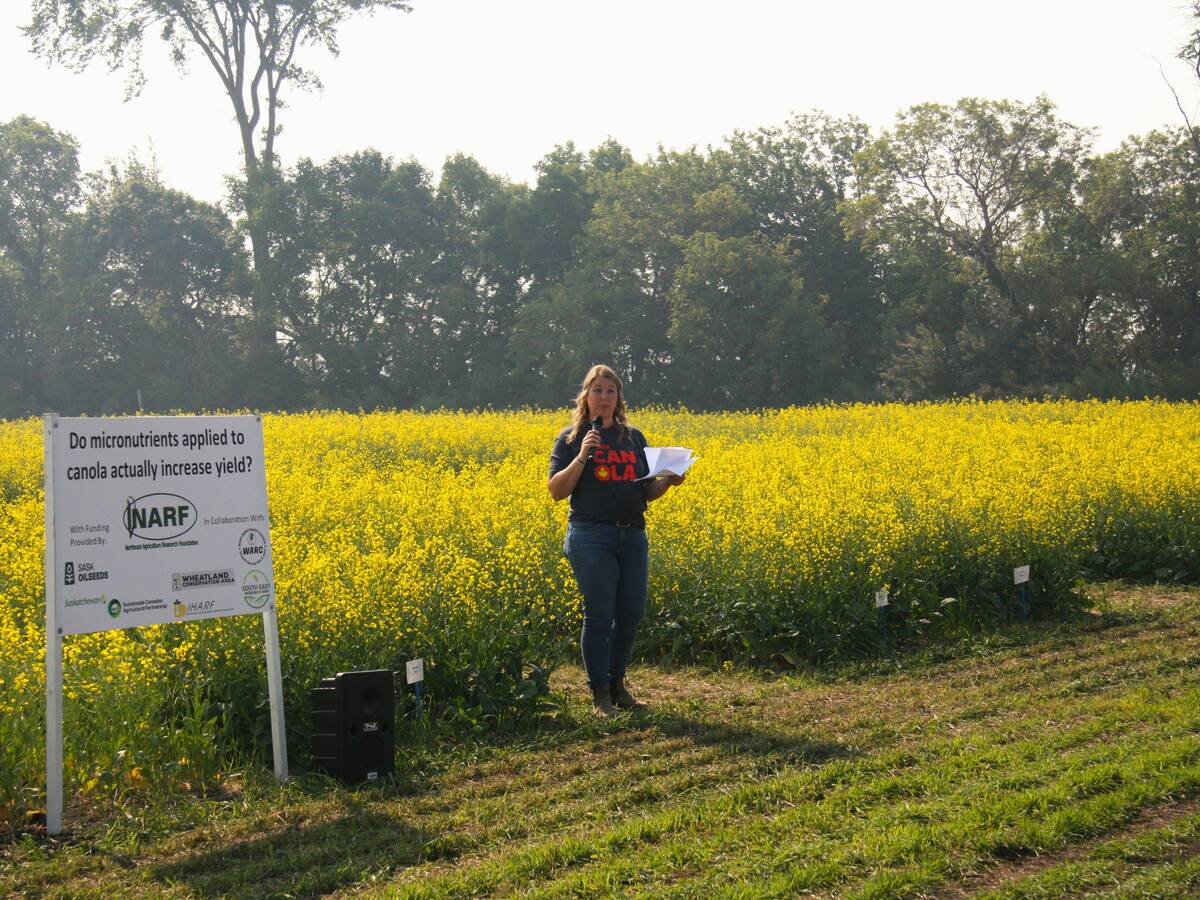 Kaeley Kindrachuk, SaskOilseeds, at NARF field day near Melfort, SK.