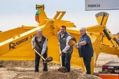 A sod turning ceremony in Crystal City, Man., marks the start of a facility expansion for Manitoba farm equipment manufacturer PhiBer Manufacturing on June 5, 2025. Photo: PhiBer Manufacturing
