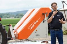 Chuck Baresich, Haggerty AgRobotics, explains how the Pixelfarming Laser One–i prototype was adapted to fit the Orio NAiO’s frame during the Ontario Crops Research Centre in Bradford on July 9, 2025.
