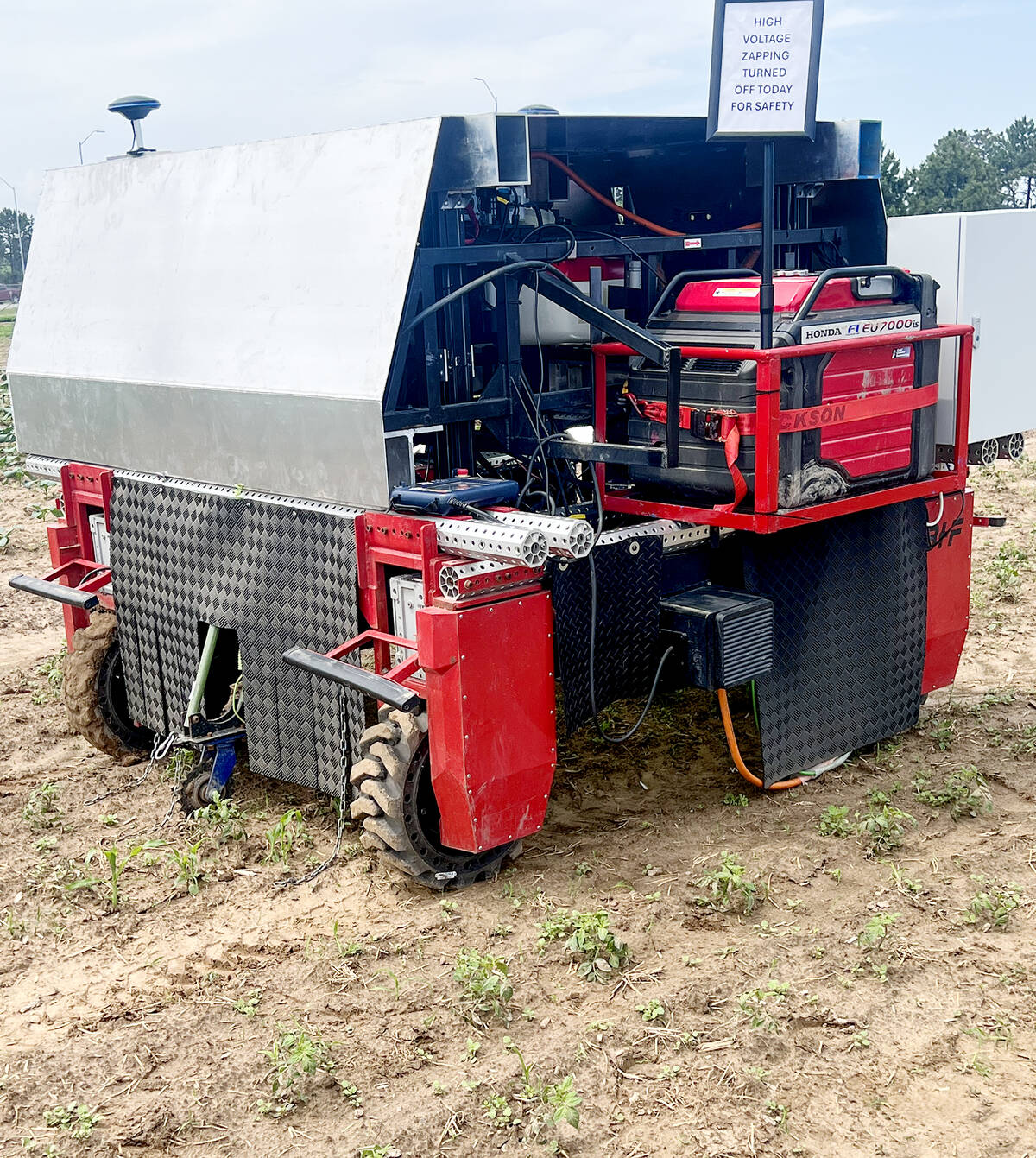 The 1.2 tonne BHF ElectricWeeder is an Ontario-made and developed weather-resistant autonomous robot that uses crop-based modelling, not weed-based. Photo: Kristy Nudds