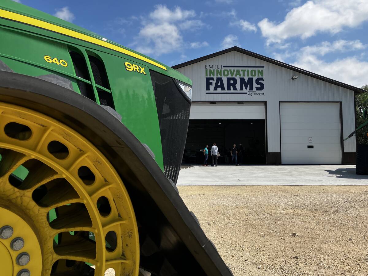 The nose of a John Deere tractor on the grounds at EMILI Innovation Farms near Grosse Isle, Manitoba, on August 6, 2025. Photo: Greg Berg (note: select vertical option included if it works better for print)