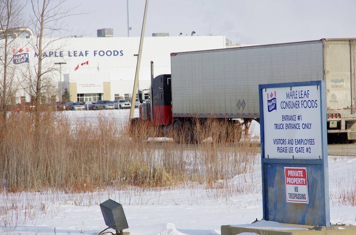 A truck enters the Maple Leaf Foods pork processing plant in Brandon, Man. The food giant has based significant pork presence in the province. Photo: Alexis Stockford
