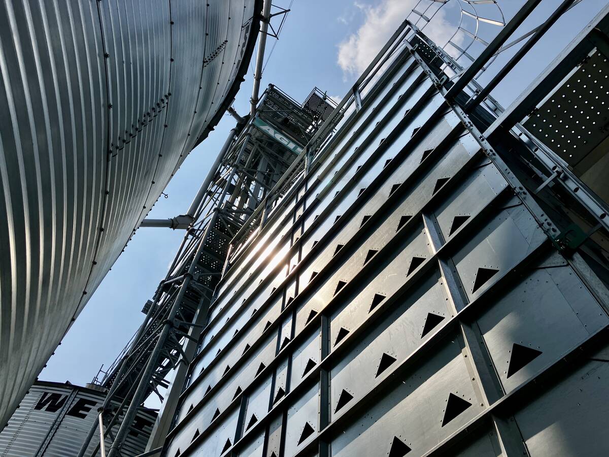 A grain dryer and grain bin on the show grounds at Ag in Motion 2025.
