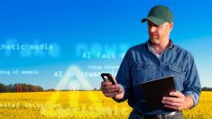 A royalty free image from the farming industry of a farmer in a canola field using a tablet computer and smart phone to surf the internet, check email or make a phonecall.