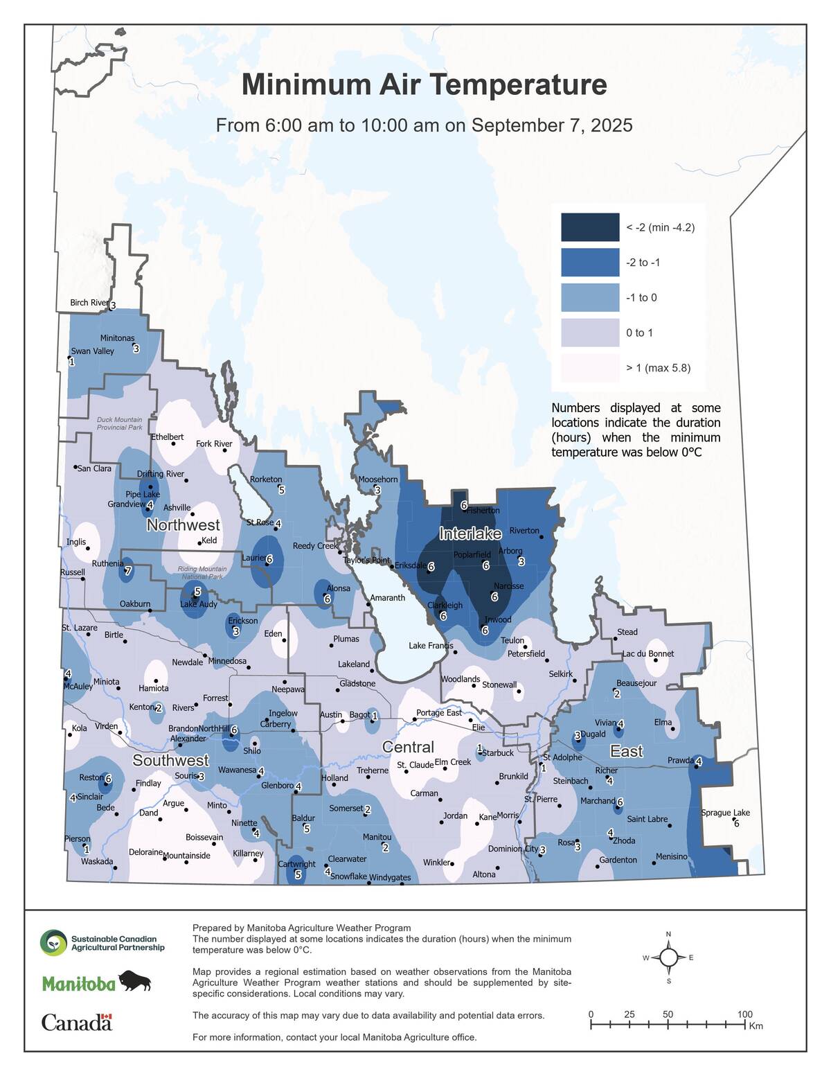 The northern Interlake took the brunt of the cold Sept. 7, 2025, although freezing temperatures cut swaths through all major regions of the province. Image: Manitoba Agriculture