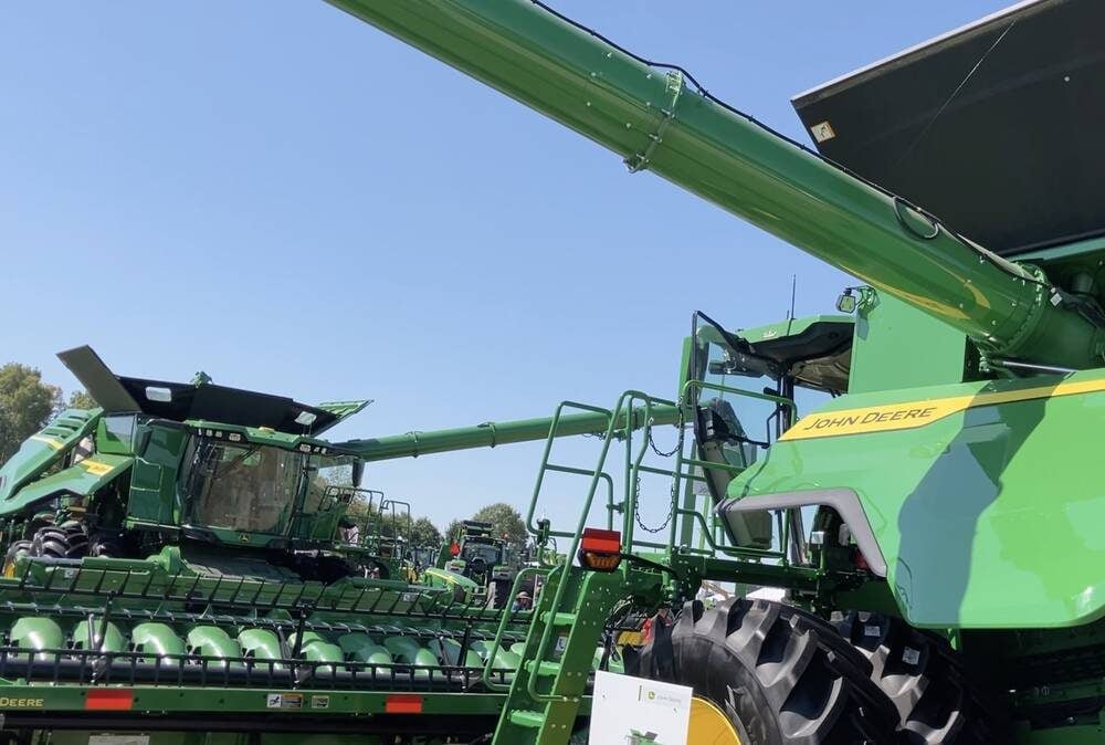John Deere combines on display at Canada’s Outdoor Farm Show on Sept. 11. Photo: Greg Berg
