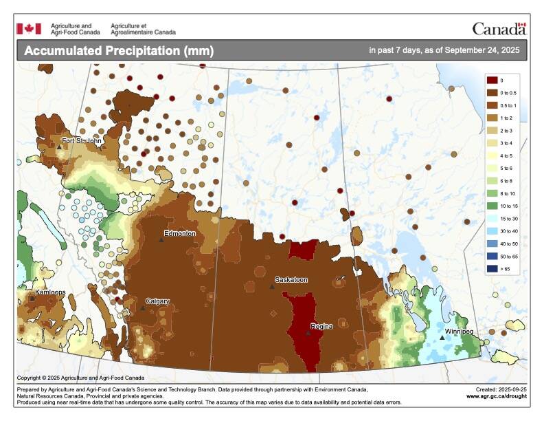 This map shows the total amount of precipitation that fell across the prairies over the 7-day period ending on September 24nd. This map nicely shows how high pressure dominated the western two-thirds of the Prairies while an upper level low brought significant late season rainfall to central and eastern Manitoba.