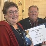 Laura Rance-Unger (left) with her Lifetime Achievement Award at the Canadian Farm Writers Federation 2025 awards banquet Sept. 20 in Winnipeg.