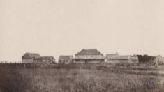 The Inkster house, now known as the Seven Oaks House Museum, and buildings as they were in 1858. The Inksters, John Inkster and Mary Sinclair (Inkster), began as humble farmers but became one of the richest and powerful families in the area.  Photo: Humphrey Lloyd Hime Photo, courtesy Dan Benoit