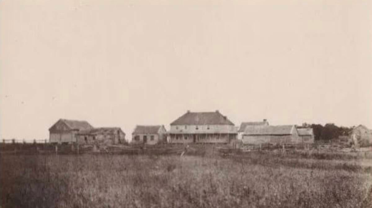 The Inkster house, now known as the Seven Oaks House Museum, and buildings as they were in 1858. The Inksters, John Inkster and Mary Sinclair (Inkster), began as humble farmers but became one of the richest and powerful families in the area.  Photo: Humphrey Lloyd Hime Photo, courtesy Dan Benoit