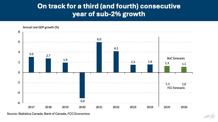 Canada’s GDP growth looks headed for another lacklustre year. Source: Farm Credit Canda