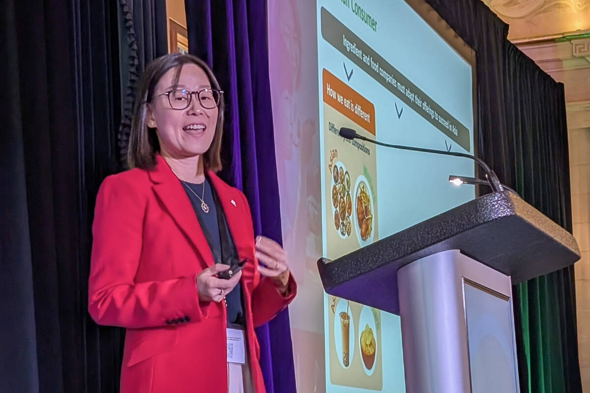 Nurasa chief executive officer Xiuling Guo speaks at the Protein Industries Canada conference on Sept. 24, 2025. Photo: Geralyn Wichers