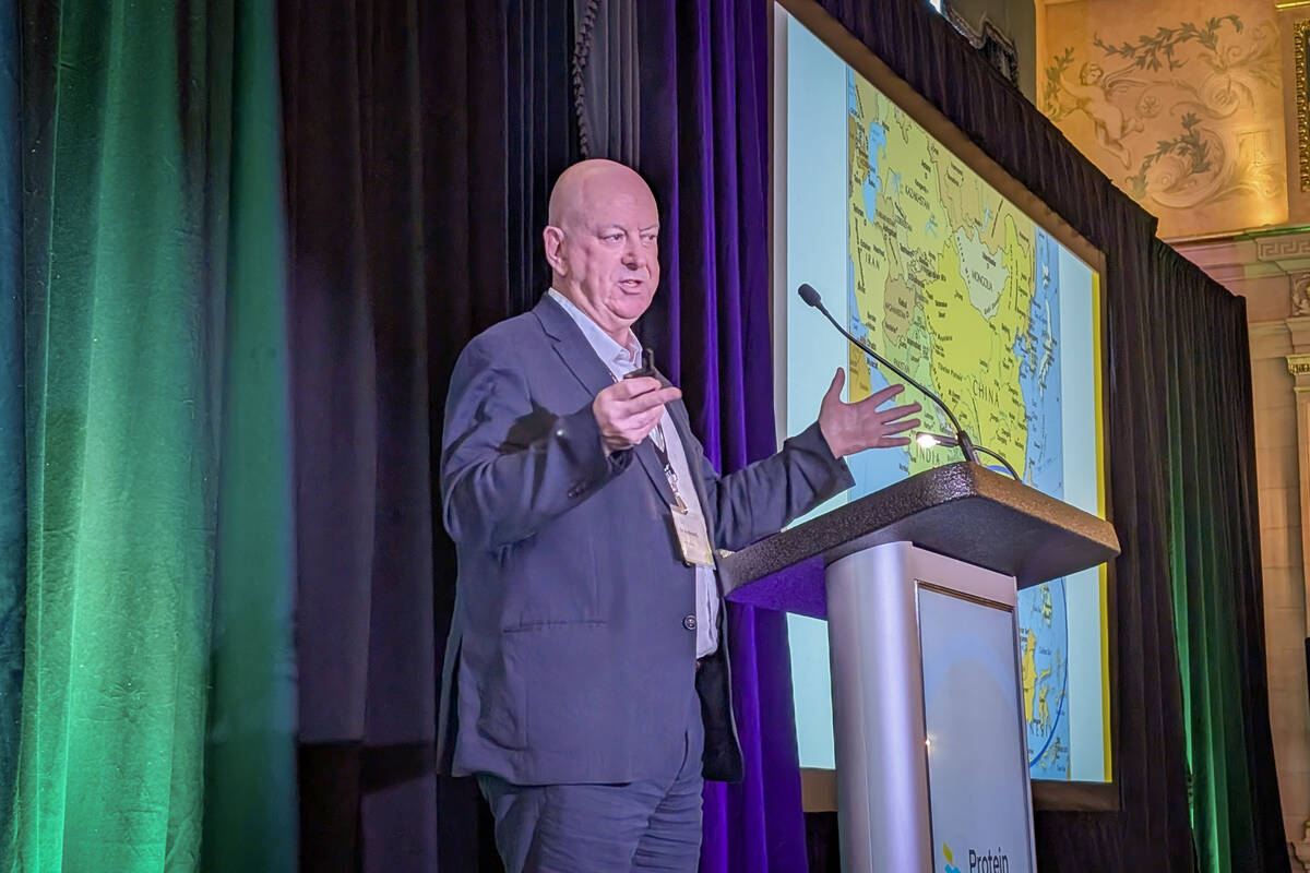 Andrew Powell, chief executive officer of Asia BioBusiness, speaks at Protein Industries Canada’s conference on Sept. 24, 2025 in Winnipeg. Photo: Geralyn Wichers