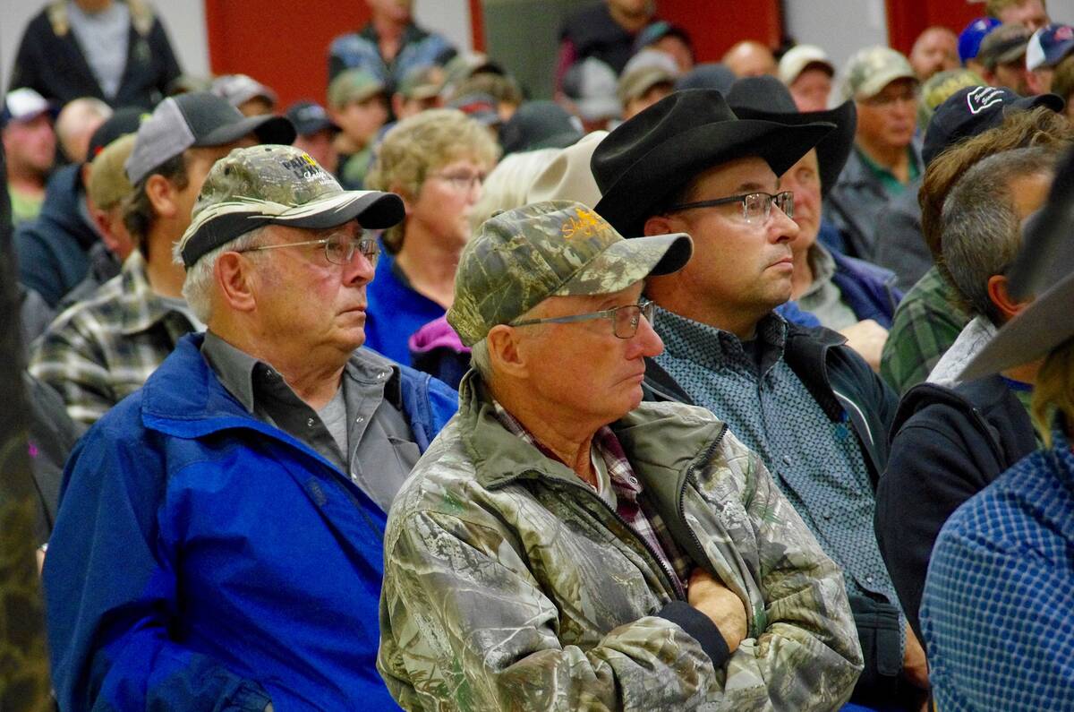 Outraged farmers packed the room in Ste. Rose du Lac for a last-minute lease holders' meeting in October 2019, days after the initial version of Crown land regulatory changes were announced by the province of Manitoba. Photo: Alexis Stockford