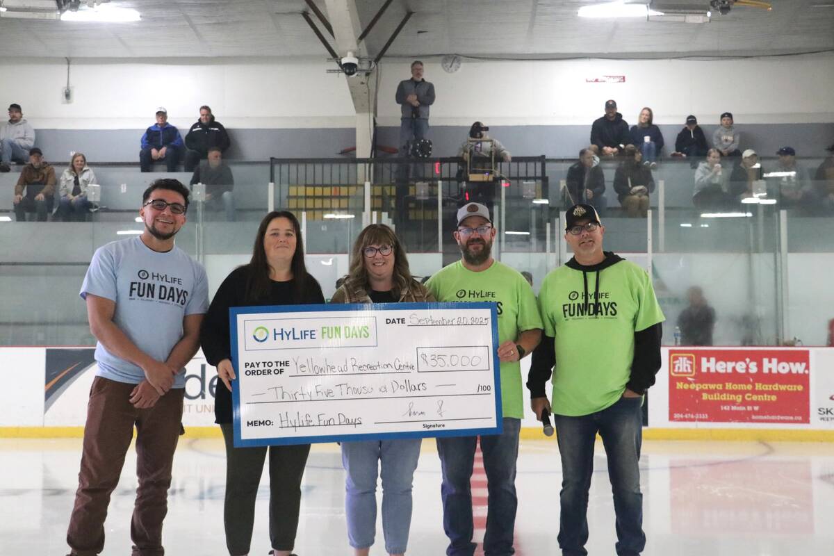 Representatives of the Yellowhead Community Recreation Centre accept $35,000 for heating improvements from HyLife Fun Days 2025.