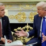 U.S. President Donald Trump and Canada's Prime Minister Mark Carney meet in the Oval Office at the White House in Washington, D.C., U.S., October 7, 2025. REUTERS/Evelyn Hockstein