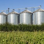 four silver grain silos in field under bright blue sky