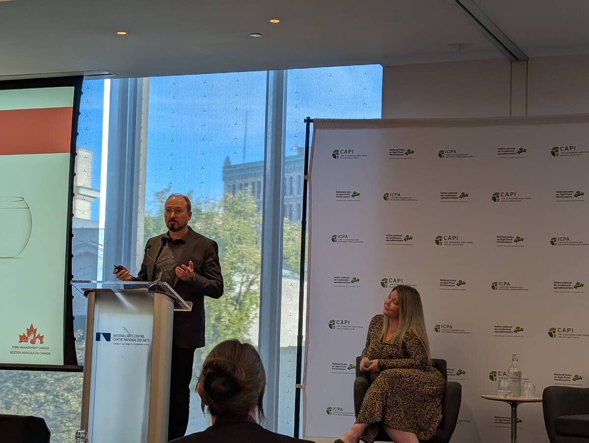 Mathieu Lipari and Heather Watson speak on a panel at the CAPI conference in Ottawa, Oct. 2, 2025. Photo: Jonah Grignon