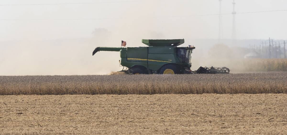 An Iowa farmer harvests soybeans Sept. 29, 2025.