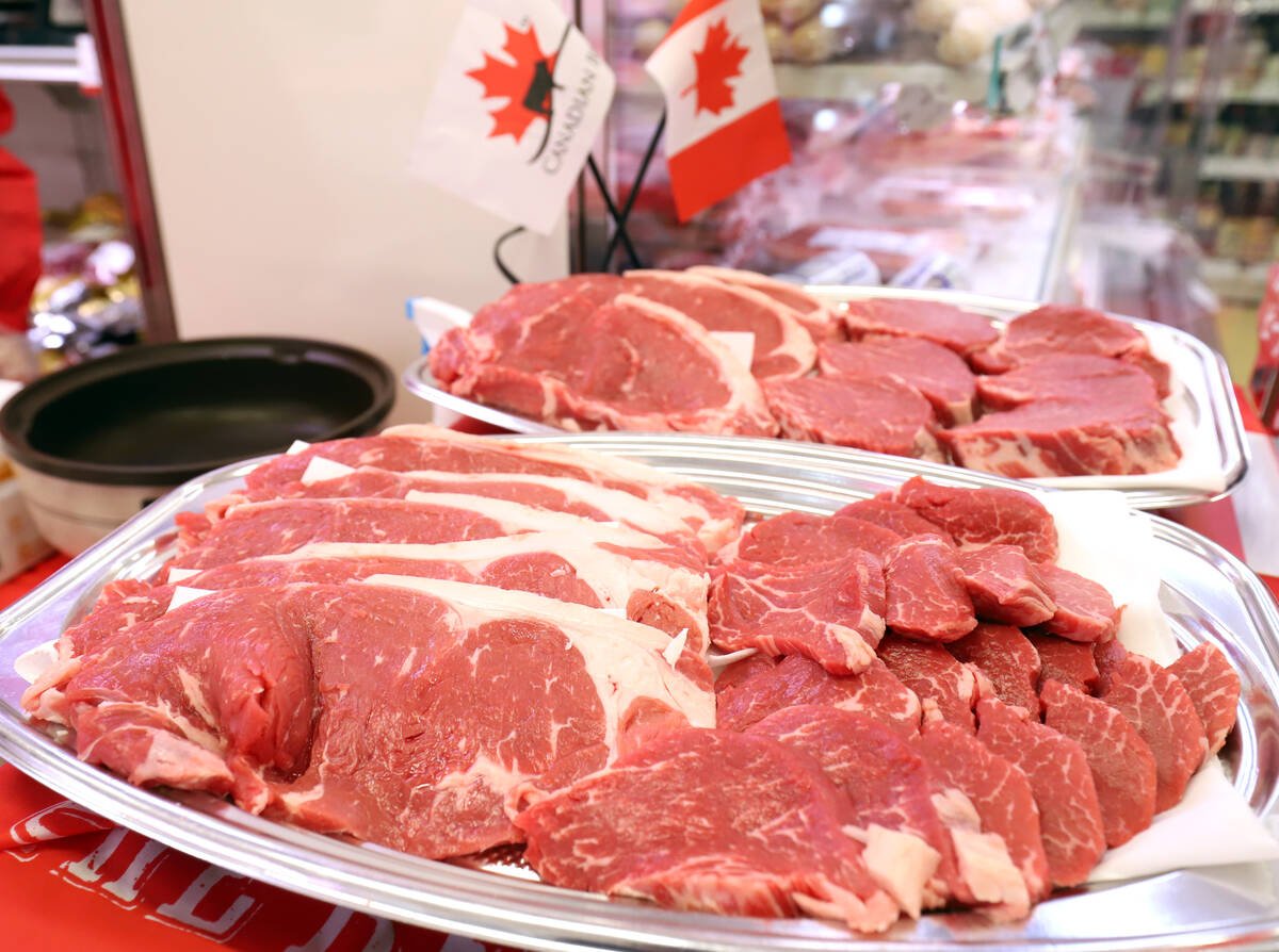 January 20, 2019, Tokyo, Japan - Sliced Canadian beef are displayed on the dishes for tasting at the Nissin World Delicatessen supermarket in Tokyo as Japan's tariff of imported beef will be reduced from 38.5 percent to 9 percent in 16 years on Sunday, January 20, 2019. Canadian International Trade Minister James Carr is now here to attend the first ministerial meeting of the Comprehensive and Progressive Agreement for Trans-Pacific Partnership (CPTPP).