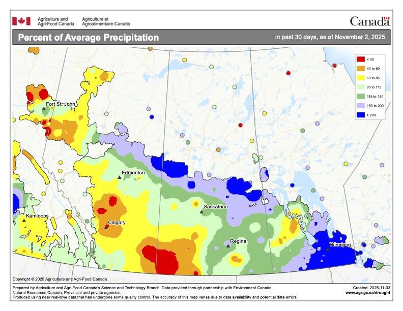 This map shows the per cent of average precipitation across the Prairies in October. It shows how eastern and northern regions of the agricultural Prairies saw between 100 and 200 per cent of average. Meanwhile, over much of western Alberta and southwestern Saskatchewan, amounts were less than 60 per cent of average.