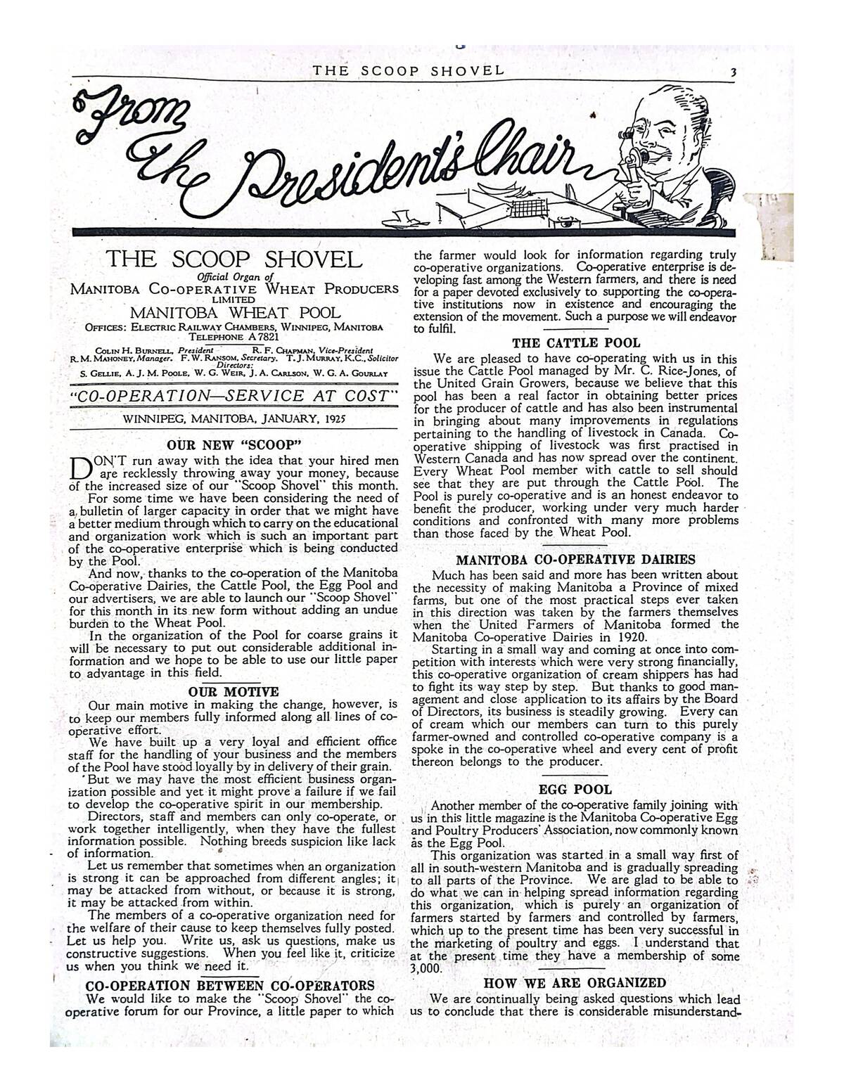 The January 1925 edition of the Scoop Shovel kicked of a century-long history of farm reporting that today is the Manitoba Co-operator. Image: Manitoba Co-operator archives