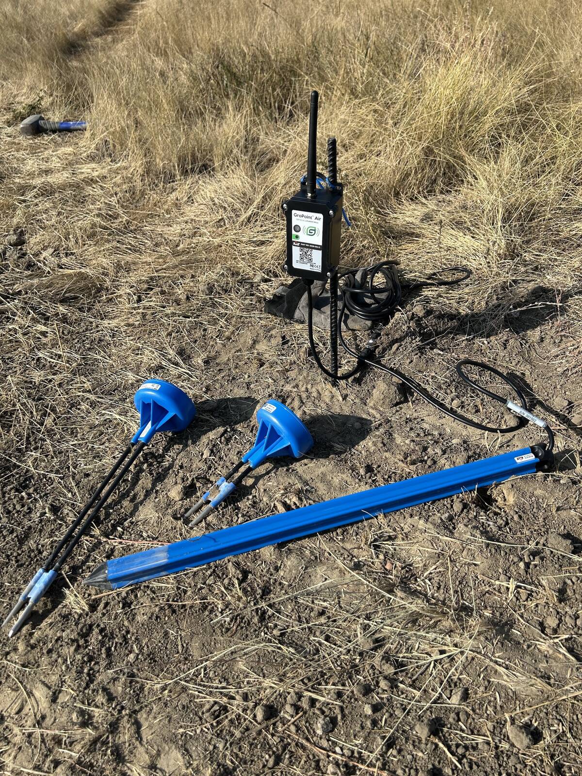 These sensors are installed across fields to measure things like soil moisture and soil temperature. Understanding how these properties interact with nitrous oxide may help provide feedback to farmers about nitrogen application. 
Photo: Agriculture and 
Agri-food Canada
