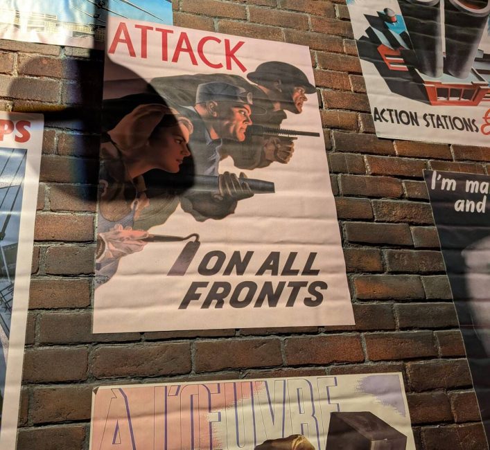 The famous "Attack on All Fronts" poster encourages industry and agriculture during the Second World War