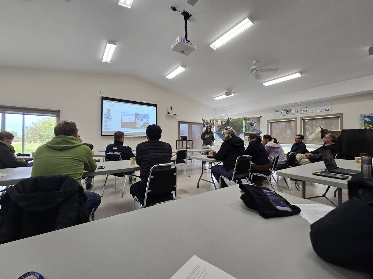 New Nuffield scholars attend an information session at Manitoba Beef and Forage Initiatives Brookdale farm north of Brandon on Oct. 14, 2025. Photo: Miranda Leybourne