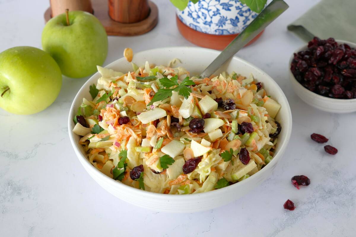 This apple cranberry coleslaw is pretty enough for a fancy dinner, easy enough for any day. Photo: Alix Loiselle/www.FrenchKissCook.com