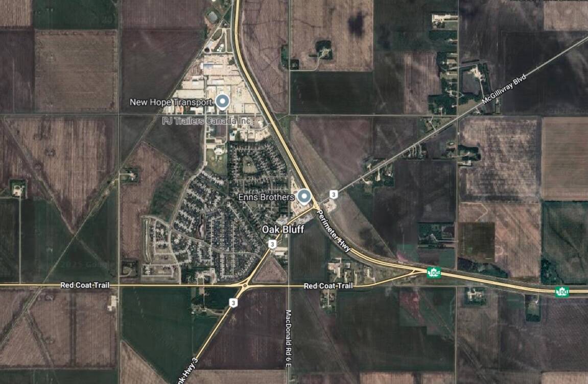 The junction of PTH 3 and the Perimeter Highway draws heavy traffic through Oak Bluff, Man. An interchange is planned to replace the busy intersection. Photo: Google Maps