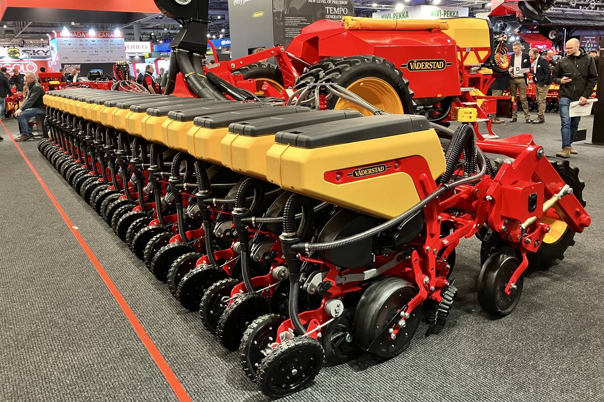 Väderstad’s new and improved row unit on a Tempo L 8-24 planter at Agritechica 2025.  Photo: Greg Berg
