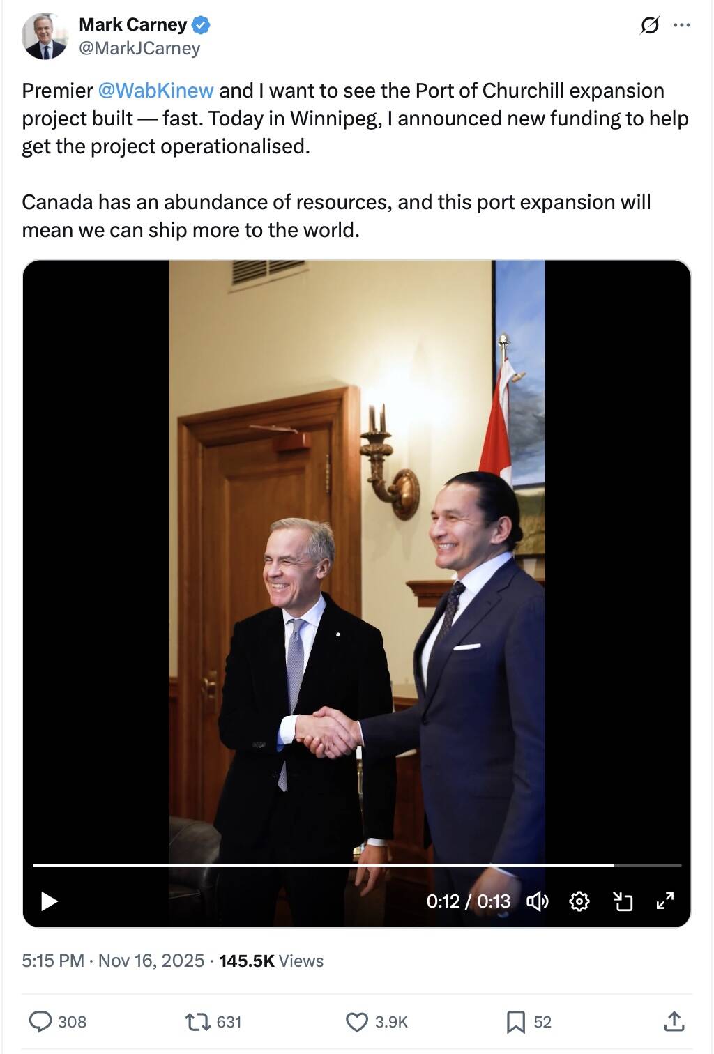 Prime Minister Mark Carney notes federal funding for the Port of Churchill in a Nov. 16 post to social media platform X. Photo: Screen Capture/Mark Carney via X