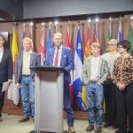 A press conference spotlighting the struggles of Canadian beekeepers took place in Ottawa Nov. 25.  Left to right: Peter Awram, Canadian Beekeepers Federation; Curtis Miedema, president, Alberta Beekeepers Commission; MP Arnold Viersen; Owen Miedema; Amber Ozero, director, Alberta Beekeepers Commission; Connie Phillips, executive director, Alberta Beekeepers Commission and Richard Ozero, Good Morning Honey. Photo: Joel Oosterman.
