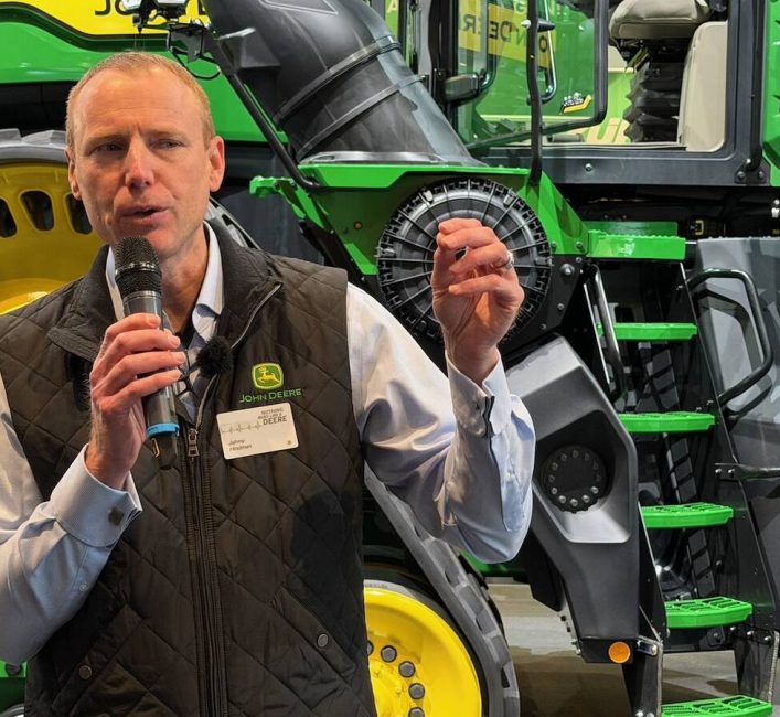 Jahmy Hindman, chief technology officer at John Deere in front of a 9R tractor at Agritechnica 2025. Photo: John Greig