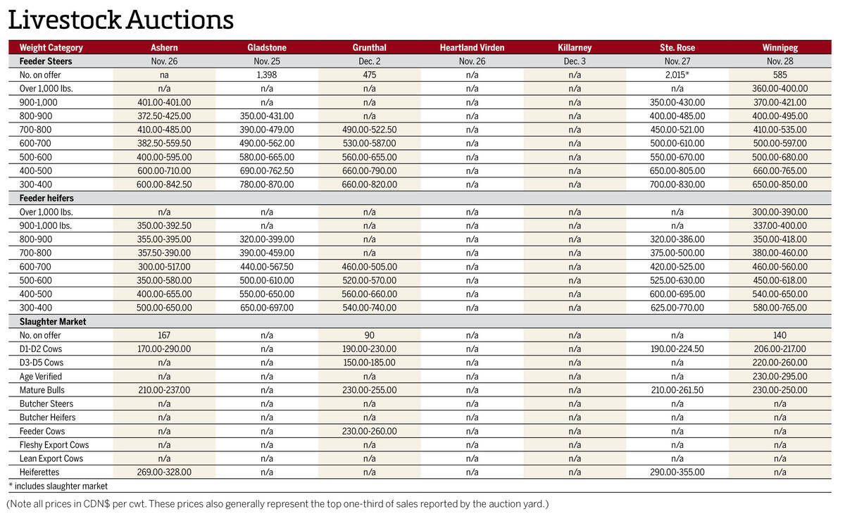 Prices from Manitoba's seven cattle auctions for the week ending Dec. 2, 2025.