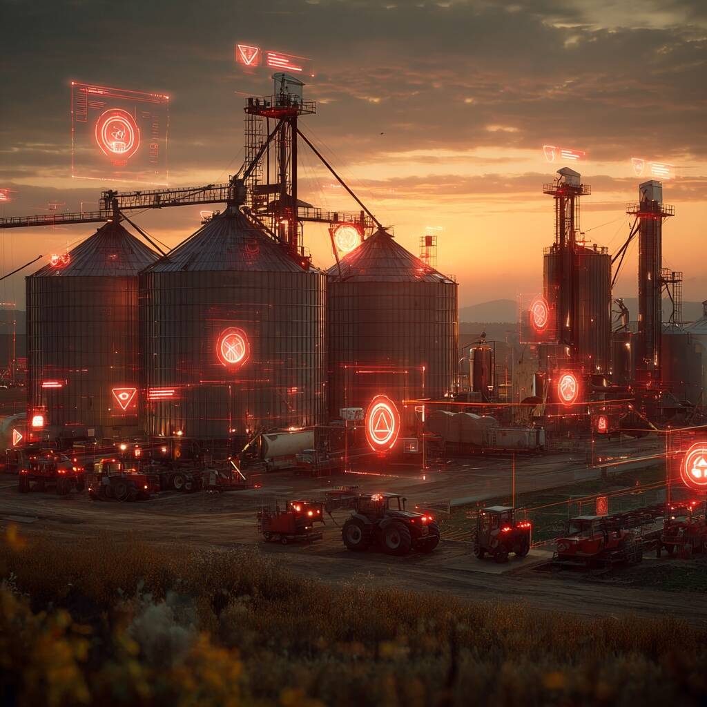A futuristic bin yard at dusk with autonomous tractors moving around and lighted symbols overlaying the image symbolizing the digital interconnectedness of all elements of the image. 
