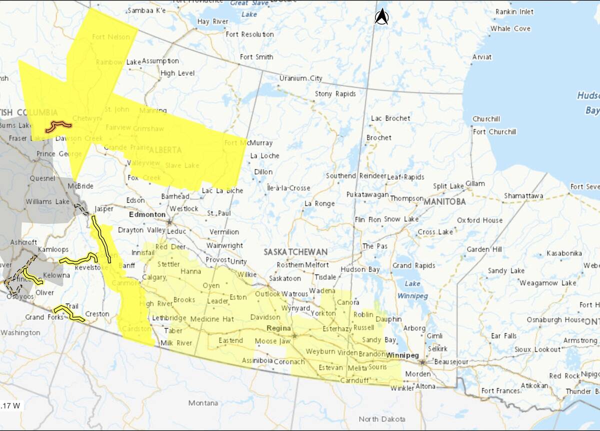 Winter storm alerts creep into western Manitoba as of Dec. 8 as Environment and Climate Change Canada forecasts up to 20 centimetres of new snow to drop in affected areas by Dec. 10. Image: Environment and Climate Change Canada