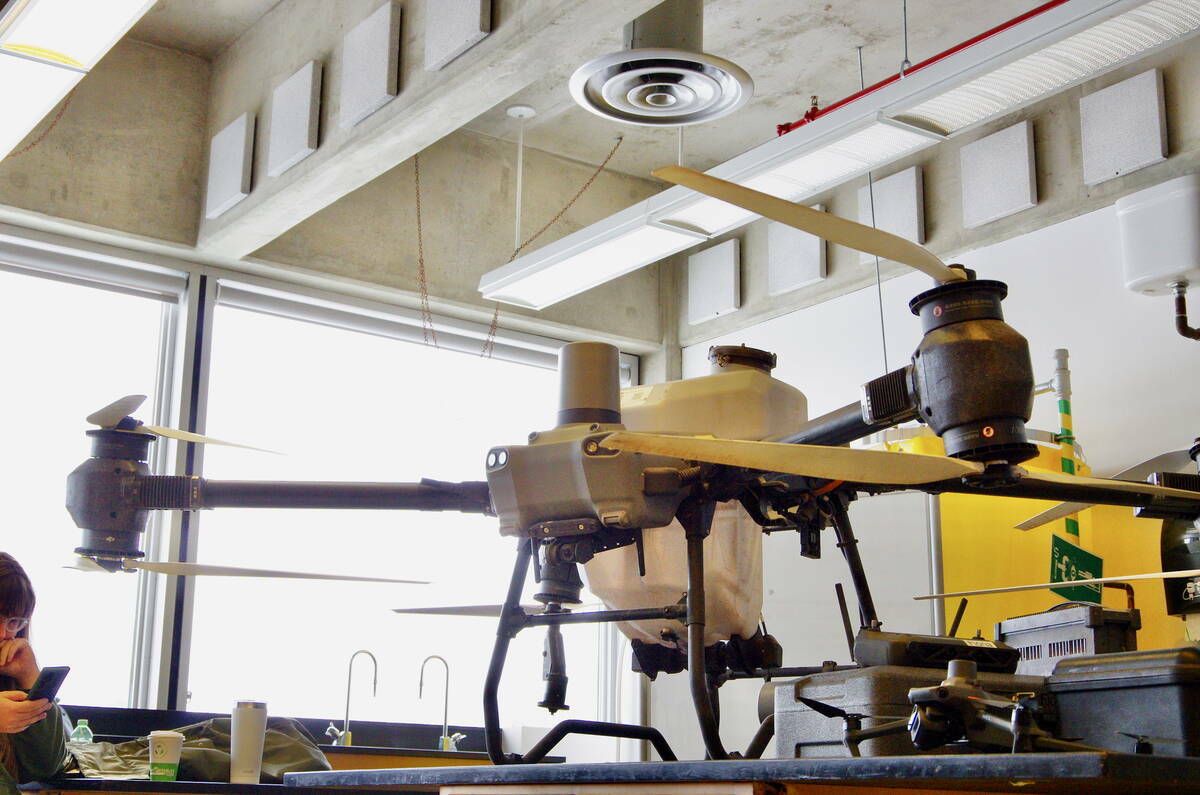 A spray drone takes most of the front of a classroom at Assiniboine Community College in Brandon in 2024. Photo: File