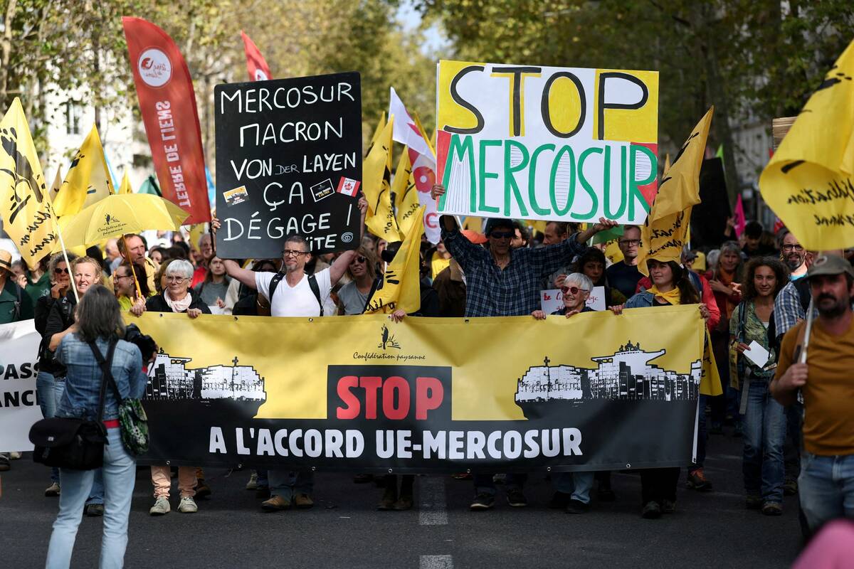 People attend a demonstration called by French farmers and the Confederation paysanne to protest against the EU-Mercosur free-trade deal with the South American bloc, in Paris in October 2025. Photo: REUTERS/Stephane Mahe
