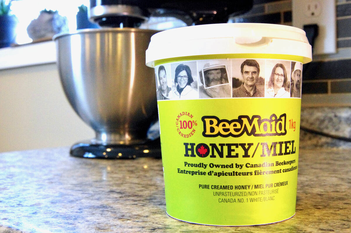 A container of honey proudly displays a coveted “100 per cent Canadian” claim, meaning all ingredients, labour and processing were done in Canada. Photo: Alexis Stockford
