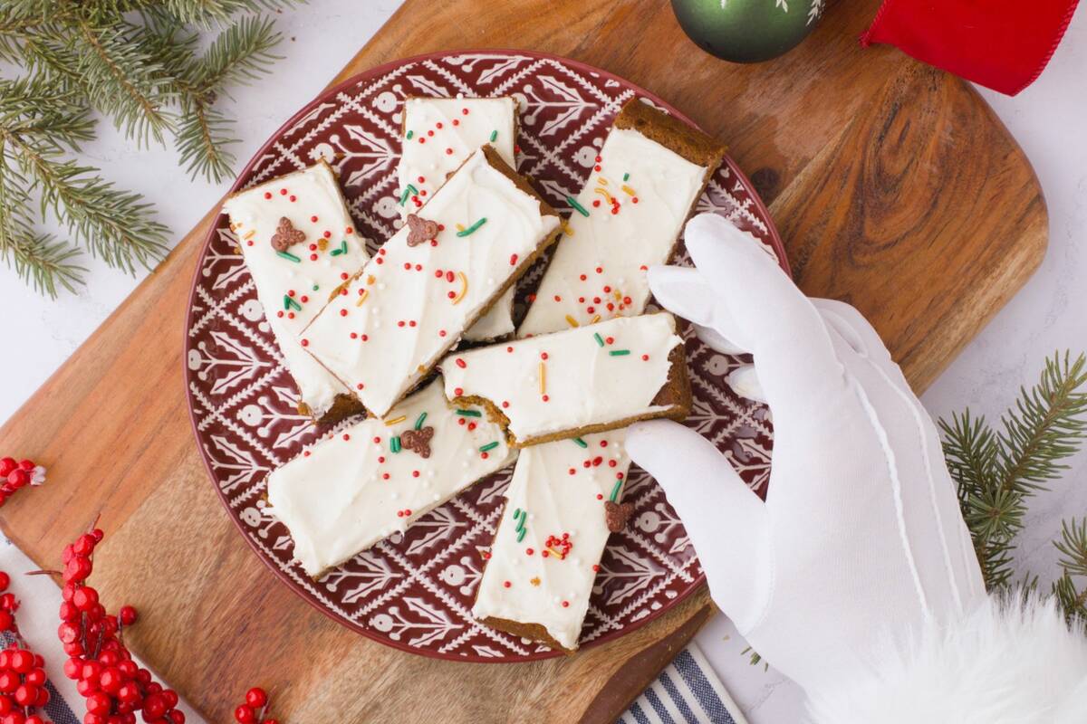 Gingerbread cookie bars with sprinkles on a cream cheese icing are an easy, delicious addition to dainty trays. Photo: Alix Loiselle of FrenchKissCook