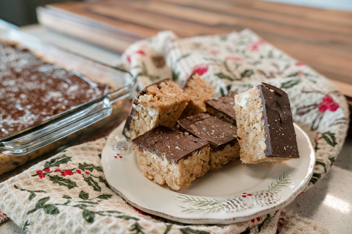 These peanut butter honey rice crispy treats have it all - chocolate, chewy marshmallow, peanut butter and crispy rice. Photo: Great Tastes of Manitoba