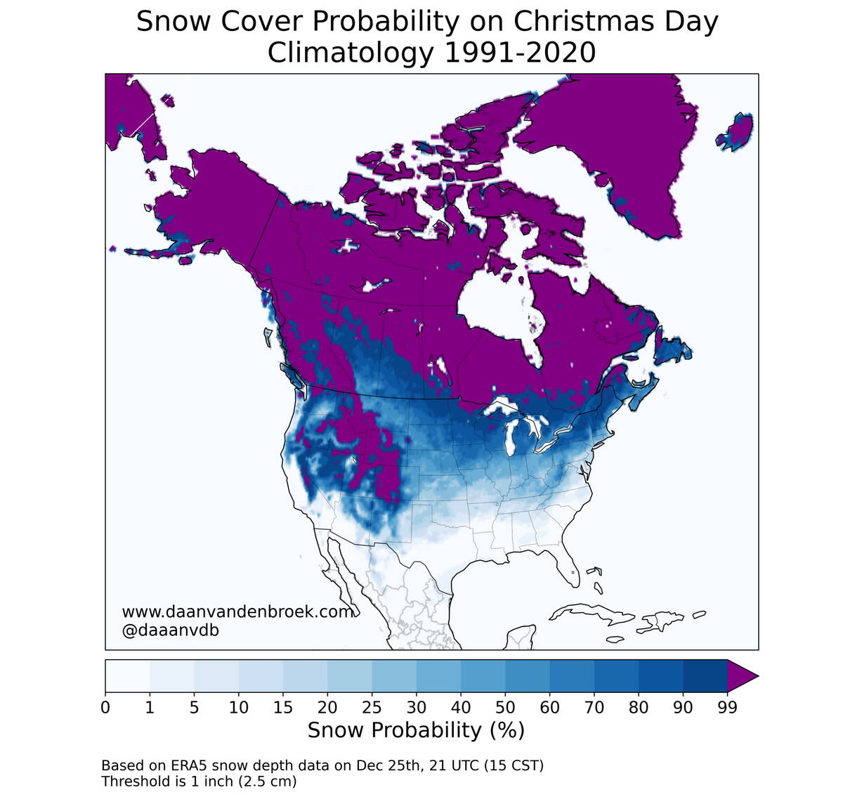 This map shows the probability of a white Christmas across North America. Looking at the map you can see that areas along the edge of the agricultural Prairies have over a 99 per cent chance of seeing a white Christmas. The odds diminish as you move southwards and westwards, with southern Alberta only seeing a 50 to 60 per cent chance.