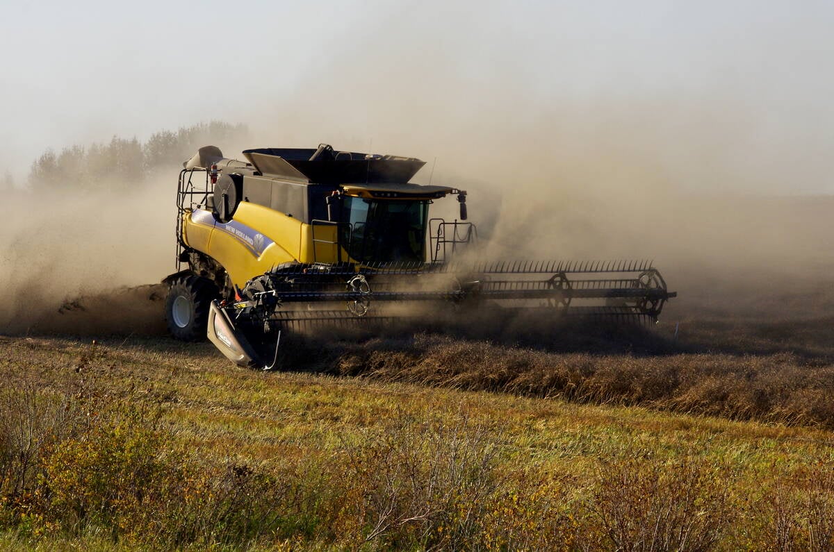 Canola harvest throws up dust clouds west of Neepawa, Man., Sept. 29, 2025. Photo: Alexis Stockford