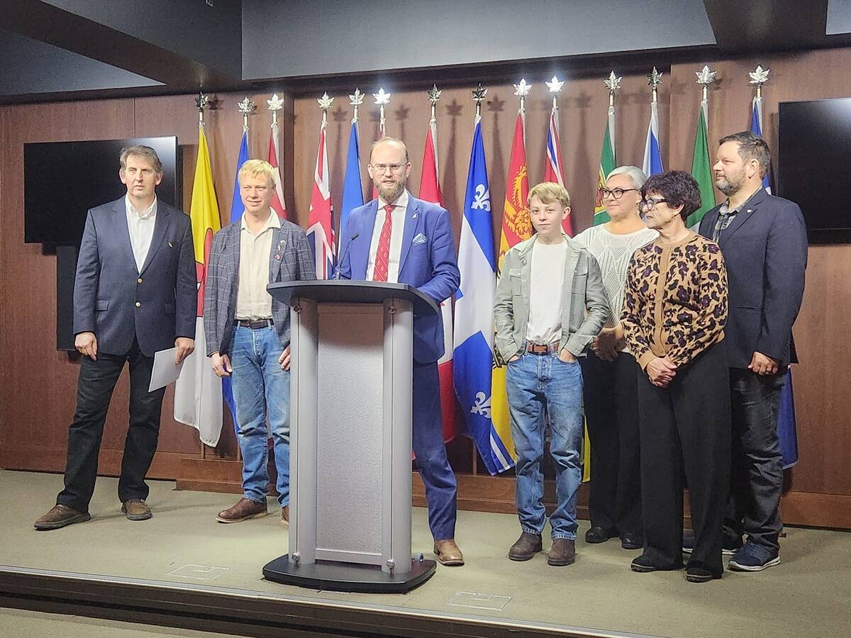 The incoming threat of the tropilaelaps mite was noted during a Nov. 25 press conference in Ottawa spotlighting the struggles of Canadian beekeepers. Left to right: Peter Awram, Canadian Beekeepers Federation; Curtis Miedema, president, Alberta Beekeepers Commission; MP Arnold Viersen; Owen Miedema; Amber Ozero, director, Alberta Beekeepers Commission; Connie Phillips, executive director, Alberta Beekeepers Commission and Richard Ozero, Good Morning Honey. Photo: Parliament of Canada